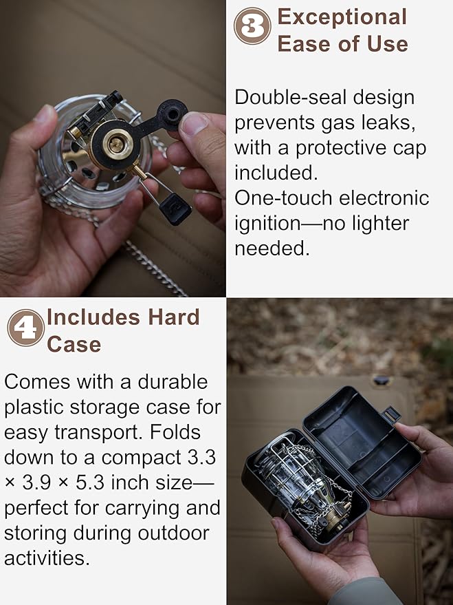 CAMPINGMOON Mini Gas Camping Lantern with Hanging Chain & Hard Case ??80W Equivalent Brightness, Adjustable Dial, Outdoor Portable Butane Lamp for Hiking, Backpacking, Emergency, Tent Lighting T-4