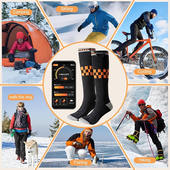 Heated Socks with App Control for Men Women, 5V 8500mAh Battery Rechargeable, Electric Socks with 4 Heating Levels for Winter Warm, Skiing, Hunting, Camping, Hiking, Cycling, Outdoor