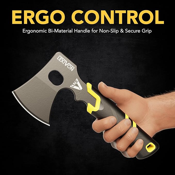 LEXIVON V-ONE Survival Hatchet, 9.5" Full Tang Lightweight Axe | 6mm Stainless Steel Electro-Black Finish Blade, Ergonomic Bi-Material Grip Handle | Protective Slim Sheath Included (LX-VONE-PP)