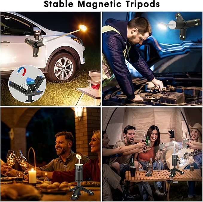 Camping Lights Rechargeable, Detachable Camping Lantern with Stand, Telescopic Waterproof Camp Lamp, Magnetic Work Hanging Light, LED Tent Flashlights for Emergency (Black)