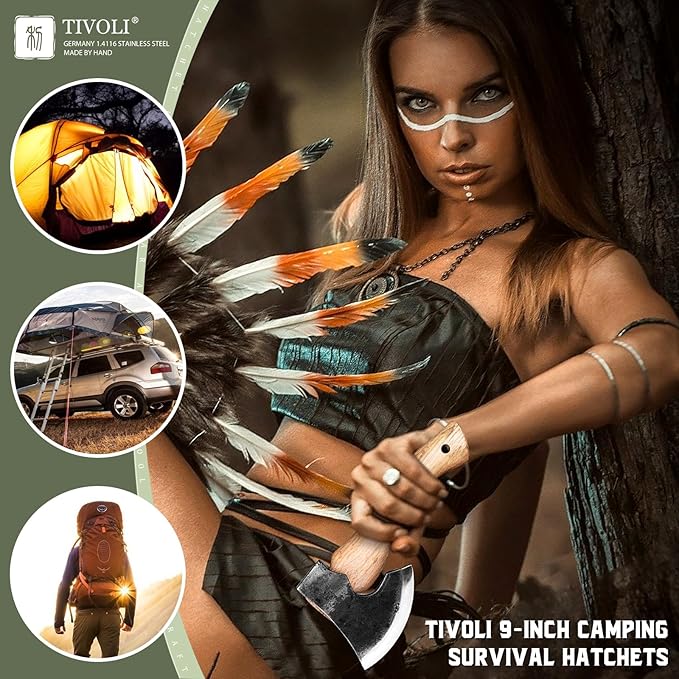 Tivoli 9-inch Small Hatchet Axe for Camping, Small Wood Hatchet Hand Axe, Hand Forged Carbon Steel Short Camp Axe for Chopping Wood, Ash Wood Handle, Retro Sheath