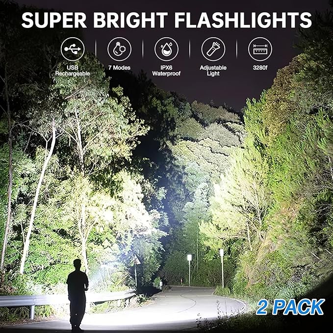 Flashlight Rechargeable 99,000 High Lumens, 2 Pack Super Bright Flash Light with 7 Modes, Waterproof Powerful Linternas, Multifunctional Handhedl Torch for Camping, Home