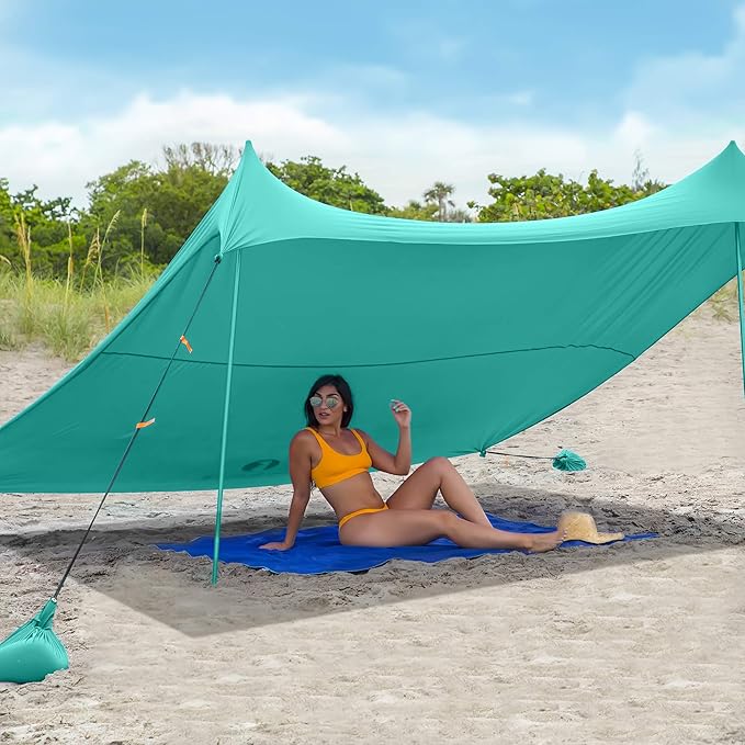 Red Suricata Family Beach Tent & Canopy, UPF50 Sun Shade, 4 Aluminum Poles, Sand Shovel, Medium Portable Sun Shelter (Medium, Turquoise)