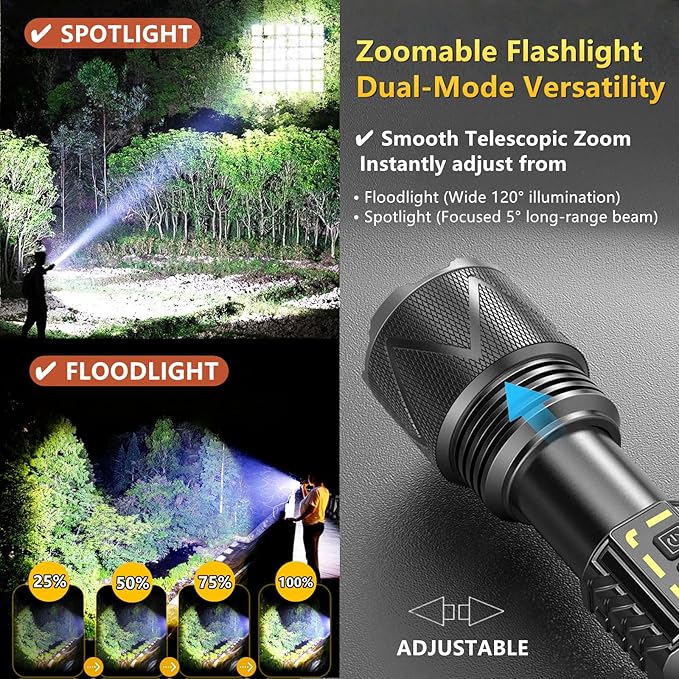 USB-C Rechargeable Tactical Flashlight 10000 High Lumens, XHP360 70W Super Bright LED Flash Lights with Zoomable & 1600ft Beam, Long Lasting Powered Handheld Flashlight for Home, Emergencies, Camping