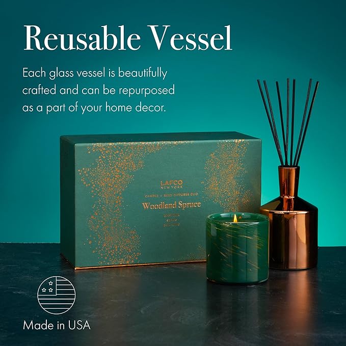 LAFCO New York Woodland Spruce Classic Candle & Diffuser Set - Reusable Glass Vessels - Made in The USA