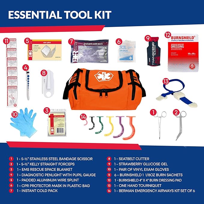 Fully Stocked Trauma First Aid Kit ??First Responder II Bag with Tools, Gauze, Bandages, Scissors & Gloves ??Compact & Portable ??OSHA and ANSI Compliant ??Orange