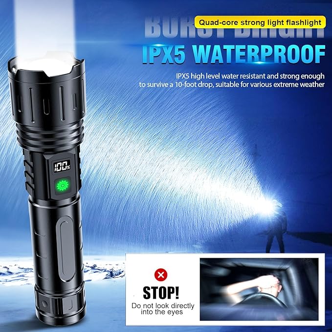 Flashlights 2000 High Lumens Rechargeable - 1500 Meters Long Beam Super Bright LED Flash Light with Power Display & IPX5 Waterproof for Camping, 20H Runtime,5 Modes,Zoomable with Belt Holsters