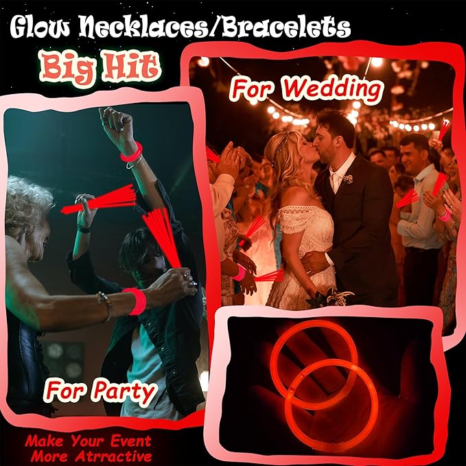 100 pk 8" Glow Sticks Bulk Party Favors, Light up Glow Necklaces & Bracelets in the Dark Party Supplies For Christmas Halloween 4th of July Birthday Neon Party (100 * Red)