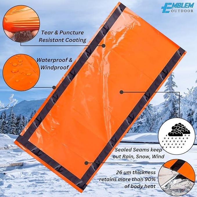 Emergency Sleeping Bags for Survival. Thermal Blanket Bivy Sack. Survival Bag. Emergency Go Bag Supplies. Cold Weather Protection from Exposure