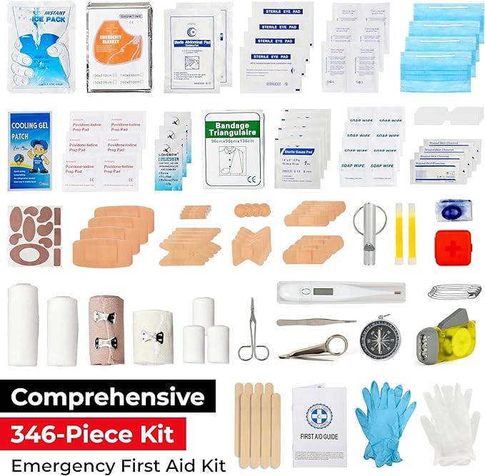 346 Piece First Aid Kit Survival - Professional Waterproof Trauma Medical Kit for Emergency, Ideal for Home, Office, Car, Travel, Outdoor, Camping, Hiking - Portable Emergency Supplies Bag