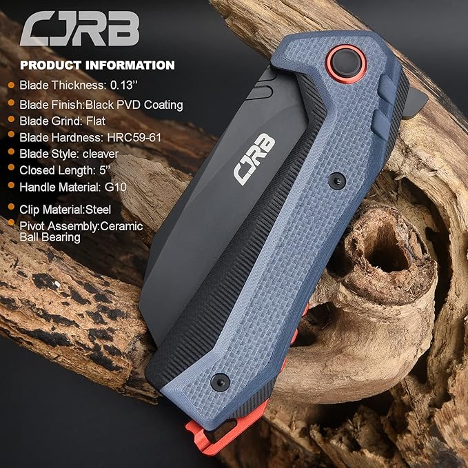 CJRB Tigris Tactical Knife, Pocket Knife with AR-RPM9 Powder Steel Black PVD Blade Black & Blue G10 Handle for EDC Camping Hunting (J1919)