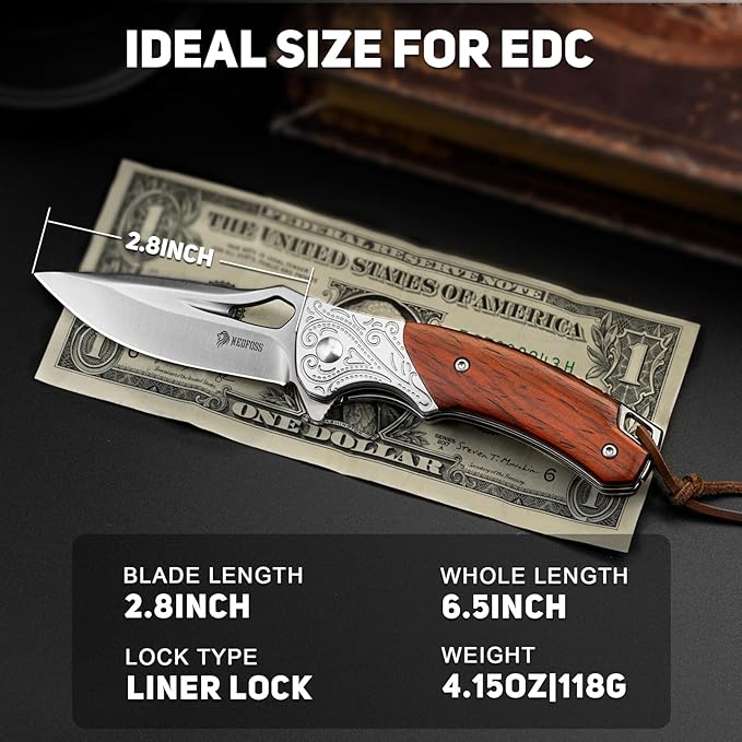 NedFoss Heron Pocket Knife for Men, 2.8" 14C28N Steel EDC Knife with Premium Sandalwood Handle, Personalized Cool Knife for Mens Gift, Collection (No Leather Sheath)