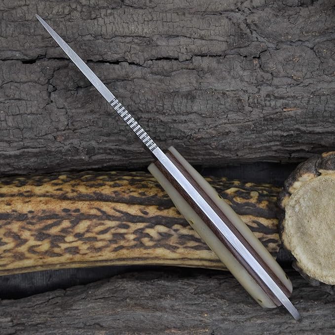 Knives Ranch EDC Hunting Knife - Carbon Steel Damascus - Bone Handle - Pancake Sheath (2001-B)