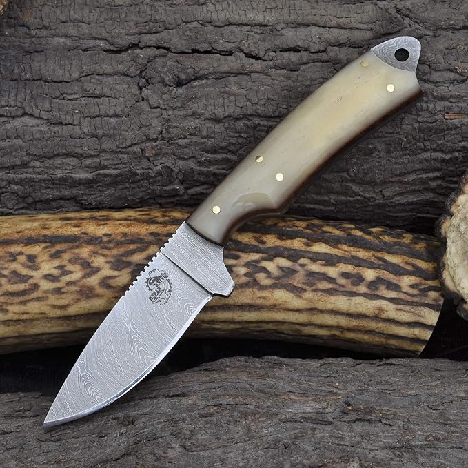 Knives Ranch EDC Hunting Knife - Carbon Steel Damascus - Bone Handle - Pancake Sheath (2001-B)