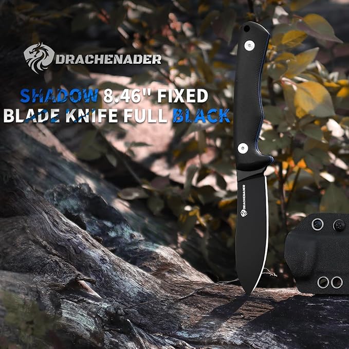 SHADOW 8.11" Fixed Blade Hunting Knife, D2 Steel Blade Survival Knife with Kydex Sheath Horizontal Carry for Men, Outdoor, Skinning and Camping (Black)