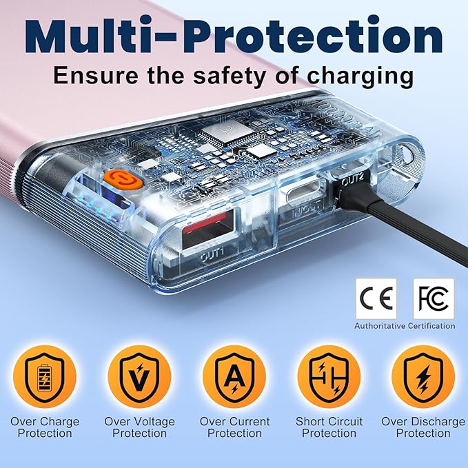 Portable Charger Power Bank, 10000mAh 22.5W PD Super Fast Charging Powerbank with Built-in USB C in&Out Cable, Slim External Phone Battery Pack for iPhone 17/16/15 iPad Samsung S24 Android etc