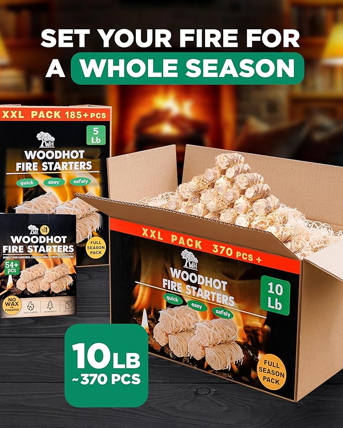 WH 370 pcs Natural Fire Starters for Campfires & Grill - 10lb Large Box - Long-Burning Charcoal Starters - Odorless Firestarters for Outdoor Fire Pit, Fireplace - Quick Ignite