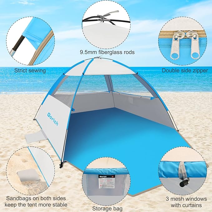 Gorich Beach Tent Sun Shelter for 3/4-5/6-7/8-10 Person with UPF 50ï¼?UV Protection, Lightweight & Easy Setup Beach Shade Canopy, Portable Beach Shade Tent Beach Cabana