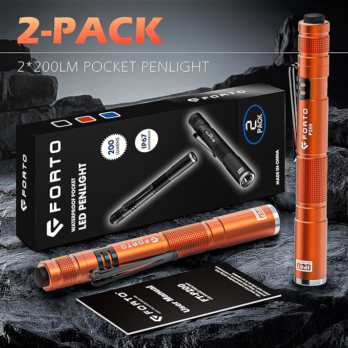 FORTO LED Pen Light, 200 Lumens Pocket Flashlight, IP67 Waterproof, 2 Modes, 2 Pack with AAA Batteries, Lightweight & Durable for Inspection, Medical Use, Emergency(Orange)