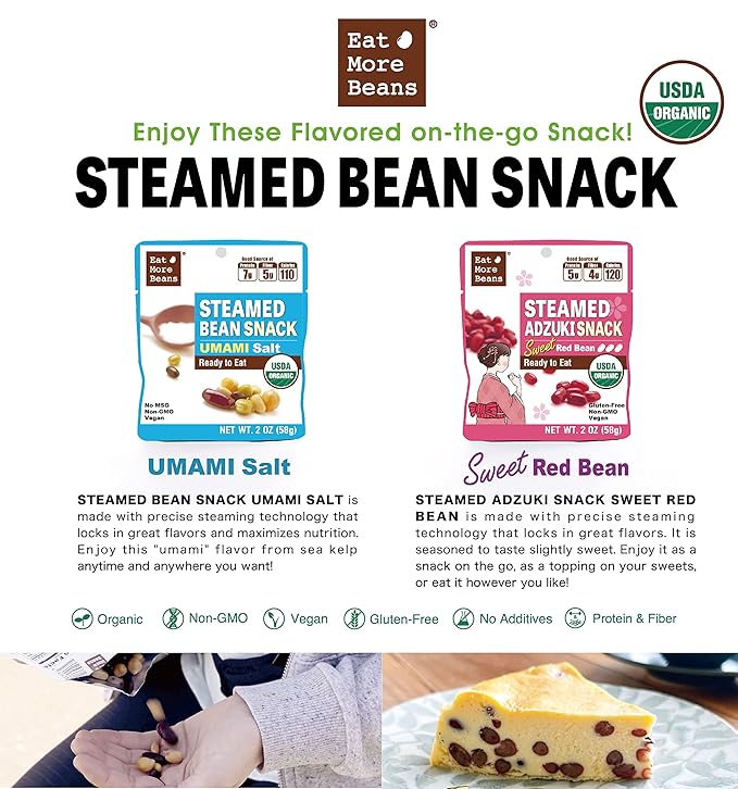?�Eat More Beans??STEAMED BEAN SNACK -UMAMI Salt USDA Certified Healthy Vegan Snacks Ready to Eat Fully Cooked- Box of 10 packs(2oz, 10packs)
