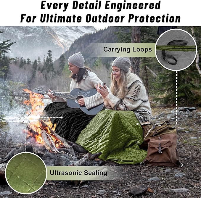 Waterproof Outdoor Blanket 82”X 55” Packable, Stadium Blankets for Camping with Sherpa Fleece Lining, Large Windproof Emergency Throw Mat for Garss Picnic Hiking Road Trip, Machine Washable, Green