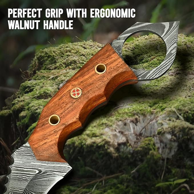 Damascus steel Handmade Knife, Survival claw Tactical teeth Knife Double edged sharp, Fixed Blade Knife With Sheath, Curved knife (Walnut Wood)