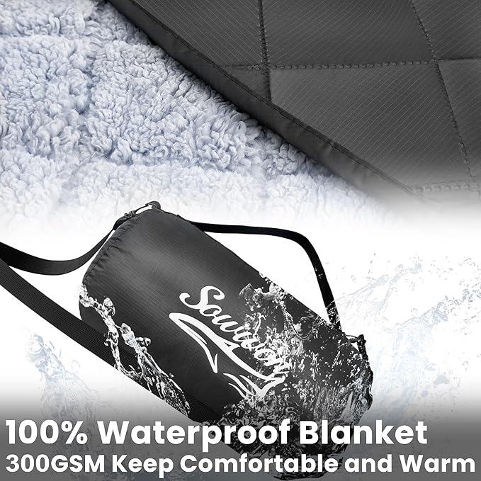 Waterproof Outdoor Blanket 92”X 60” Packable, Stadium Blankets for Camping with Sherpa Fleece Lining, Large Windproof Emergency Throw Mat for Garss Picnic Hiking Road Trip, Machine Washable, Black