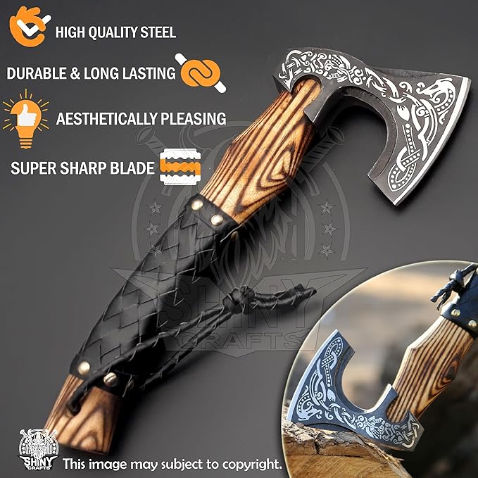SHINY CRAFTS®- Hand-Forged Viking Axe for Men Leather-Wrapped Handle & Sheath Great for Birthdays, Holidays, or Weddings (SCA-19)