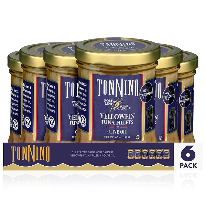 Tonnino Tuna Fish Yellowfin Pole&Line ??Olive Oil ??Pack of 6 ??Alternative to Salmon ??Protein Snacks ??Ready to Eat Meals in Jar