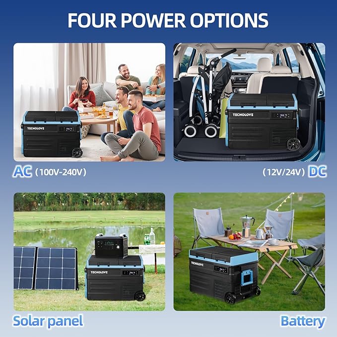 45L Car Refrigerator Freezer, 48QT Dual Zone 12V / 24V Portable Fridge with Reversible Door, Battery Slot, All-Terrain Wheels, AC/DC Powered, Touchscreen Control, LED Light, -4℉~68℉, Ice Blue