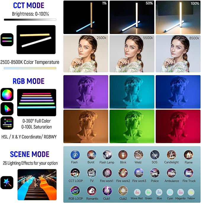 VILTROX K60 2 Pack Large Handheld Stick Light, 32Wh Rechargeable Battery 20W 1950lm RGB LED Video Light w PD Fast Charging CRI 97+ 2500K-8500K LCD Display, 22.8" Tube Light for Photography Light Wand