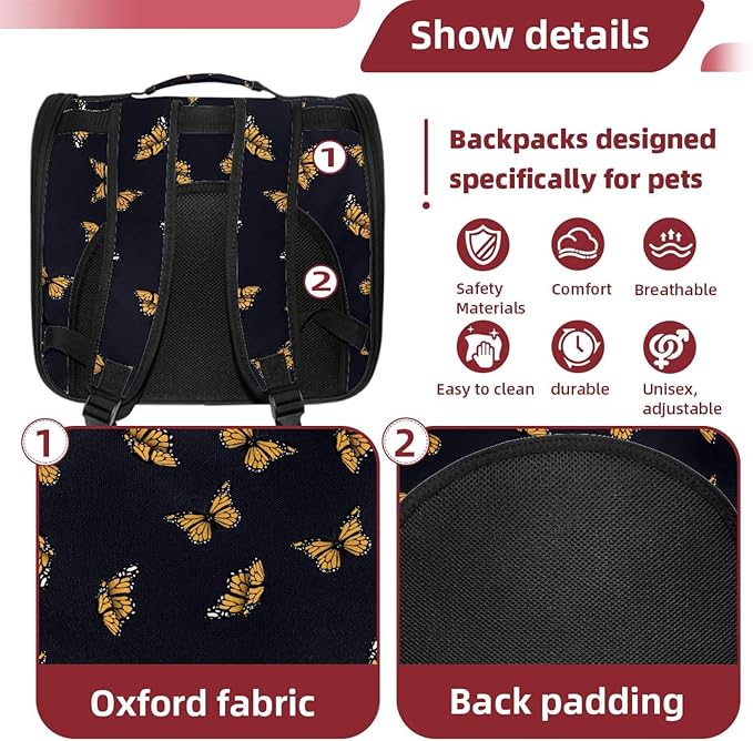 Butterfly on Black Background Transparent Pet Carrier for Travel Hiking for Kitty Small Dog