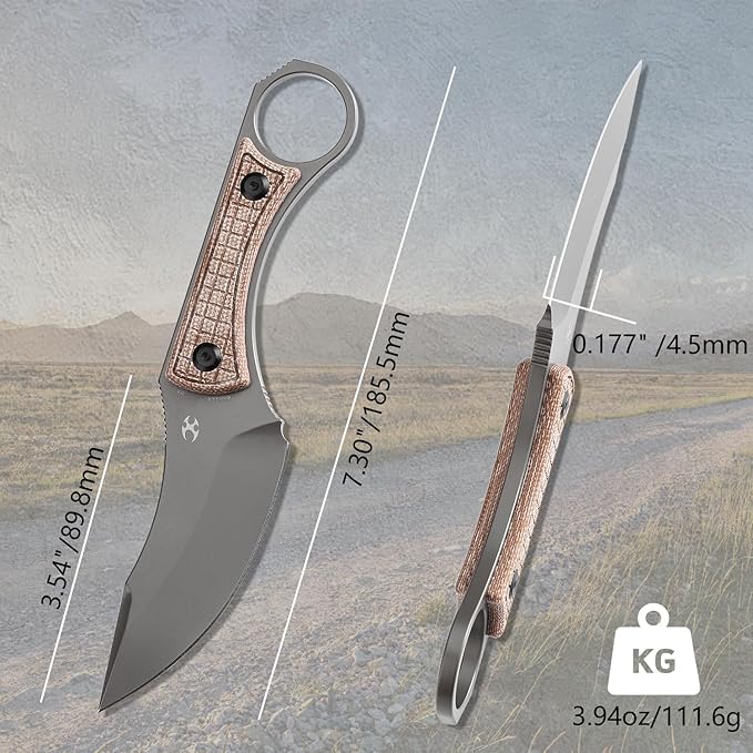 KANSEPT Niko Fixed blade Knife with Sheath, 3.54'' Grey TiCn Coated D2 Blade and Brown Micarta with Frag Pattern Handle, Adjustable Kydex Sheath for EDC, Fixed Knifes for Camping Hiking Fishing G004A8