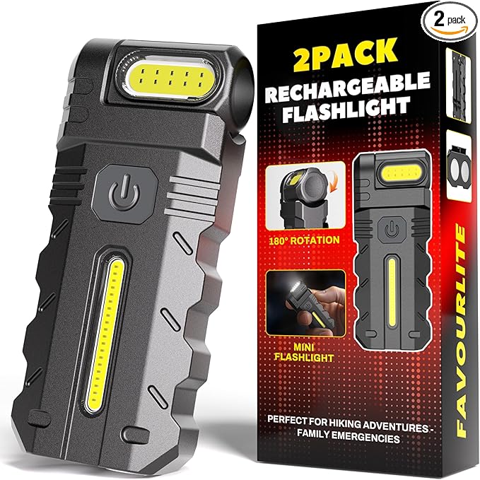 Favourlite 2PACK LED Flashlight Rechargeable, 600 Lumens Portable Flat Mini Flashlights with Clip Magnetic Small Flashlight for Camping, Emergency, Hiking (2, Black)