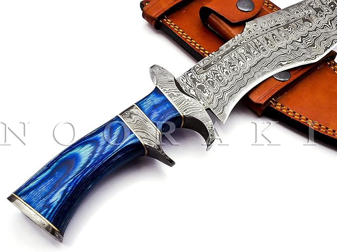 NOORAKI - 15??Damascus Bowie Knife with Sheath | Hand Made Hunting Knife - Fixed Blade Long Bowie Knives - Ideal for Survival ,Chopping, Camping, Outdoor Gift for Men |Tactical Knife Wood Handle (Blue)