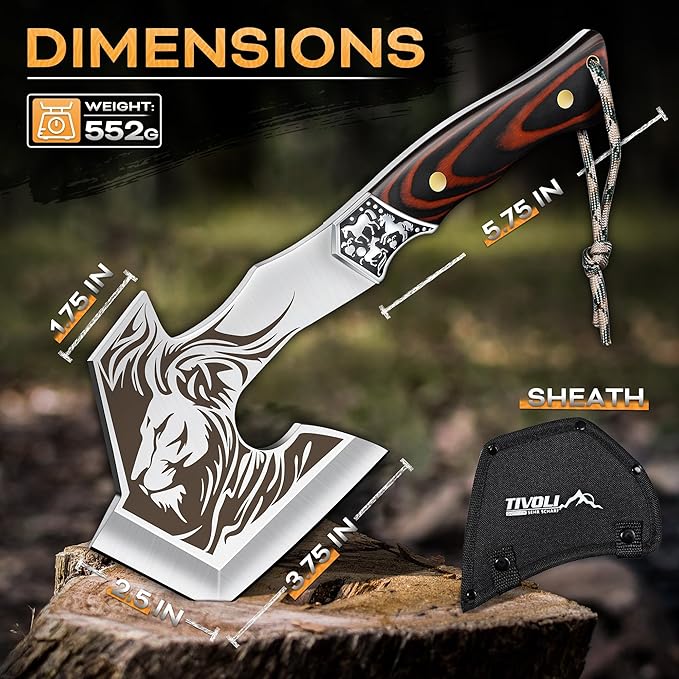 TIVOLI Camping Axe, Lion - Patterned Survival Hatchet with Nylon Sheath, High Carbon Steel Blade Compact Outdoor Bushcraft Axe with Ergonomic Wood Grip, Camping Gear for Hiking, Chopping, Hunting