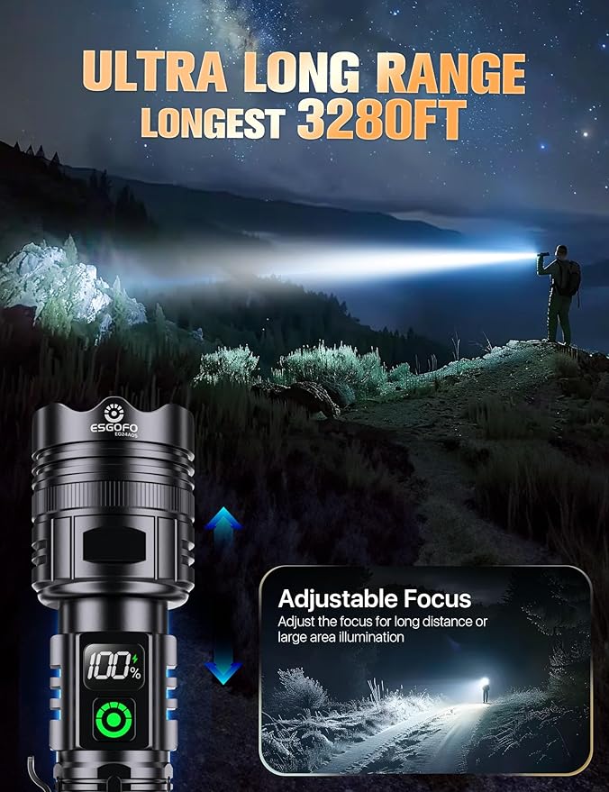 Esgofo Rechargeable Flashlights High Lumens 2000 2 Modes High/Low, Super Bright Magnetic LED Flashlight Long Distance 3280FT, Powerful Long Lasting Strong Flash Light USB C with Clip for Hiking