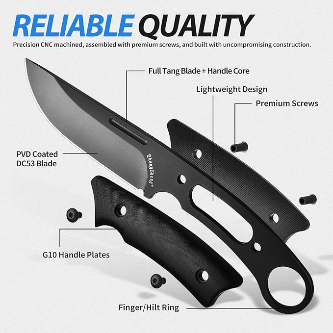 Fixed Blade Knife with Sheath, 4.0??DC53 Steel blade with Black Titanium Coating and G10 Handle Full Tang Outdoor Camping Hiking Survival Knives for Men Women