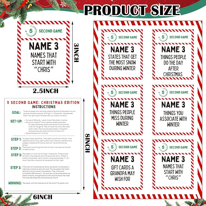 Leitee Christmas 5 Second Game Question Cards and 5 Second Hourglass Family Card Game Simple Questions for Party Travel Night Sleepovers Think Fast and Shout Out Answers (110 Pcs,Classic Style)