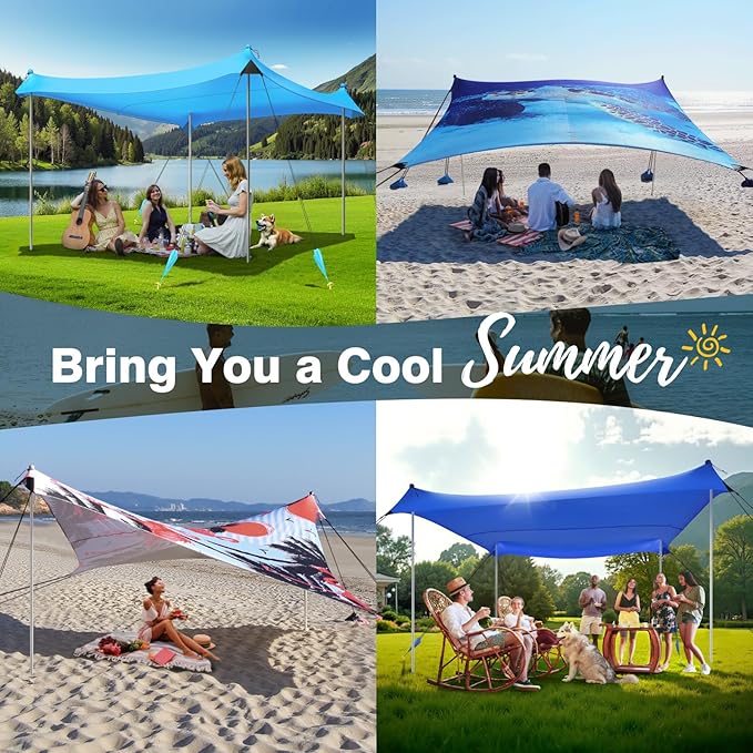 Rhino Valley Beach Tent Shade Canopy UPF50+ Protection, 8 Sandbags, 4 Stability Poles, Outdoor Sun Shelter Umbrella for Sand, Camping, Fishing Essentials