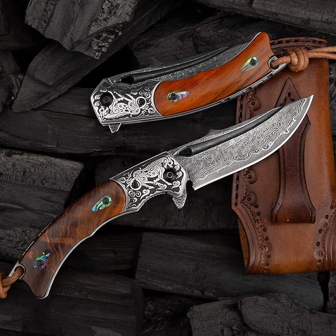 Handmade Japanese VG10 Damascus Steel Folding Knife,Rosewood Liner Lock Handle, Leather Sheath,EDC Pocket Knives for Men Outdoors Camping Fishing