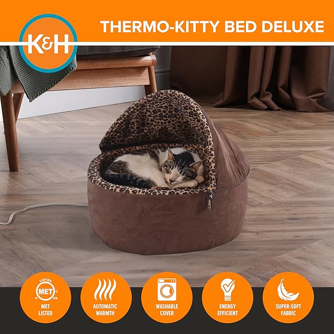 K&H Pet Products Thermo-Kitty Bed Deluxe Heated Cat Bed for Smaller Kitties - Indoor Heated Pet Bed for Dogs & Cats, Covered Cave Pet Tent, Machine Washable, Safety Listed - Small 16in Mocha/Leopard