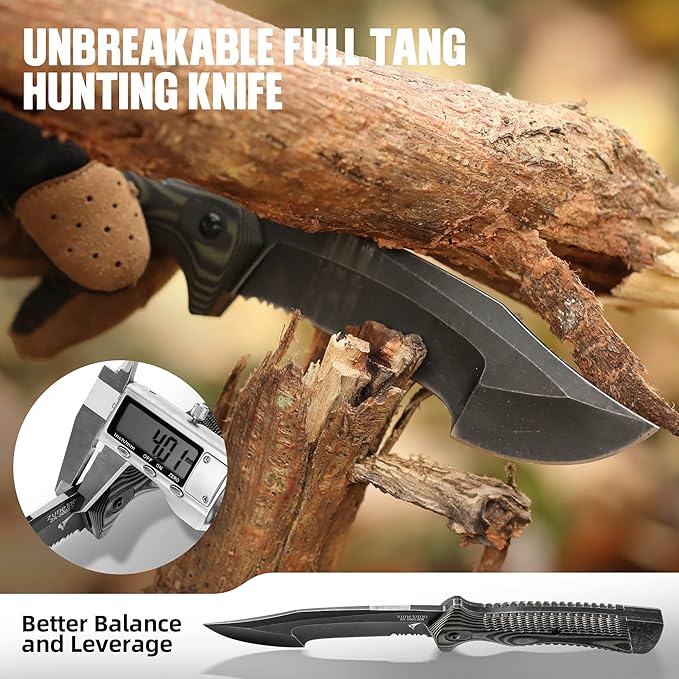 ZUNE LOTOO Full Tang Fixed Blade Tactical Knife for Men, 9.4" Bowie Knife with Kydex Sheath & G10 Handle, 8Cr14mov Survival Hunting Knives for Bushcraft Camping Outdoor Skinning