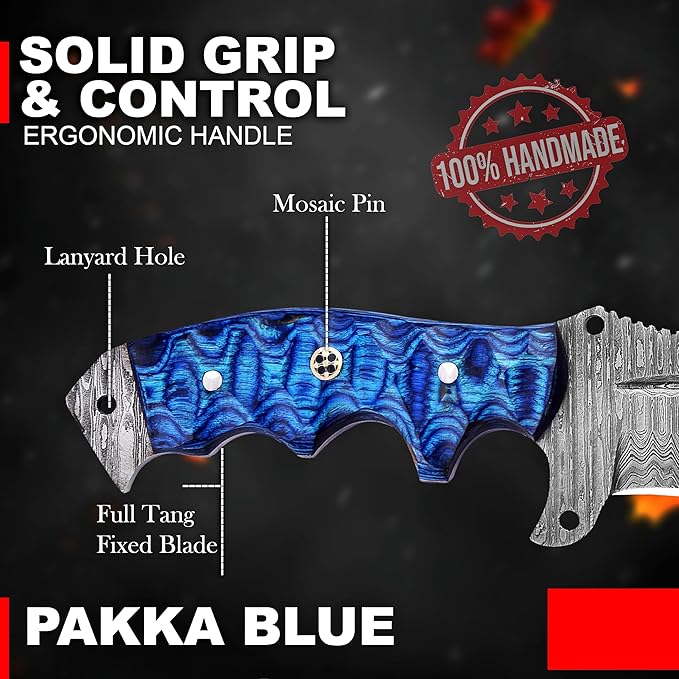 KIMPE 10.5?™â€?Damascus Hunting Knife with Leather Sheath-Fixed Blade EDC Knife-Bushcraft Knives-Wood Handle-Best Camping & Survival Knives-Knives for Men. (Pakka-Blue)