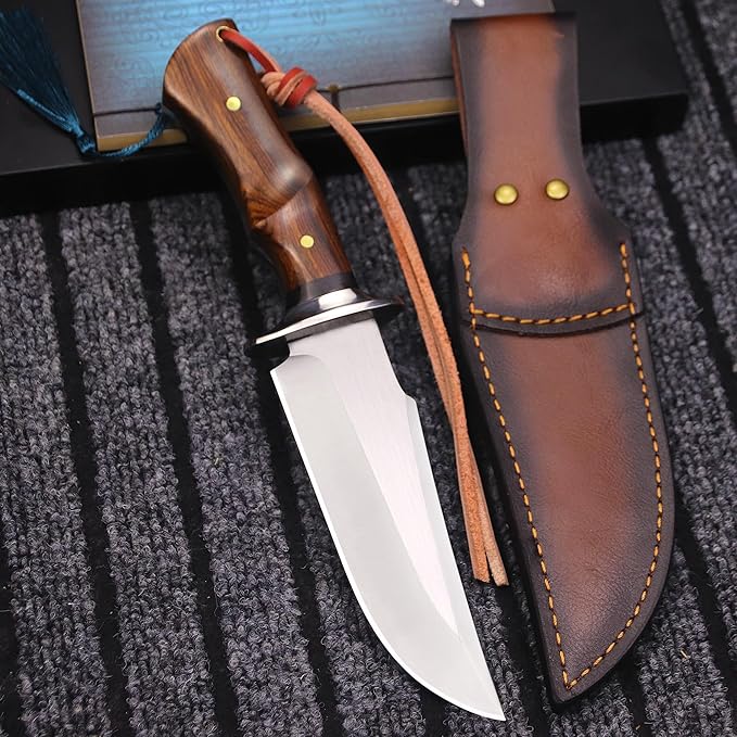 (USA 440C steel 10.5-inch hunting straight knife + leather sheath,suitable for outdoor travel, camping, survival, fishing, and Gifts for Men's and Women's Festivals