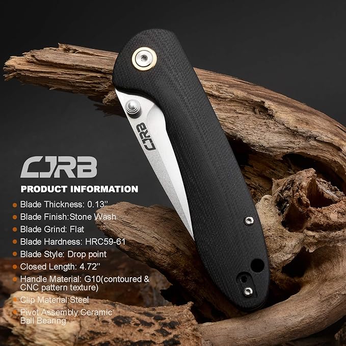 CJRB Folding Knife Feldspar Pocket Folding Knife Stonewash D2 Steel Blade G10 Tactical Handle EDC Knife Black Handle(J1912)