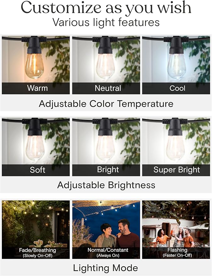 Brightech Ambience Pro Solar String Lights for Outside - Super Bright Remote Control Color Adjustable Outdoor String Light - Commercial Grade String, 15 Waterproof LED Bulbs for Patios, Camping - 48Ft