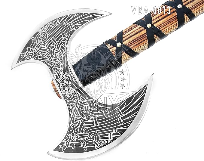 SHINY CRAFTS- Camping Axe Tomahawk Viking Bearded Axe Christmas gifts-27 Long Odin's Double Edge Head Viking Axe Twin Blade Axe with Ash Wood Handle with Genuine Leather Sheath (VBA-0013)