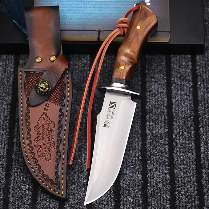 (USA 440C steel 10.5-inch hunting straight knife + leather sheath,suitable for outdoor travel, camping, survival, fishing, and Gifts for Men's and Women's Festivals
