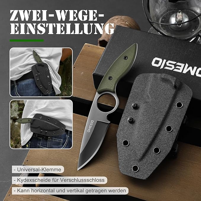 Omesio Fixed Blade Knife with Sheath, 6.92" Tactical Small Horizontal Carry Fixed Blade EDC Knife for Men Women with Kydex Sheath, Black Full Tang Blade G10 Ergonomic Handle, Ideal for Gifting